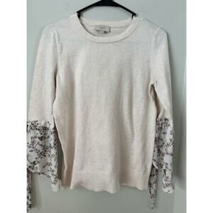 Loft Thin Cream Sweater with Floral Sleeves Size S 100% Cotton